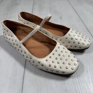 Madewell Women's 8 The Greta Ballet Flat Leather White Silver Studs